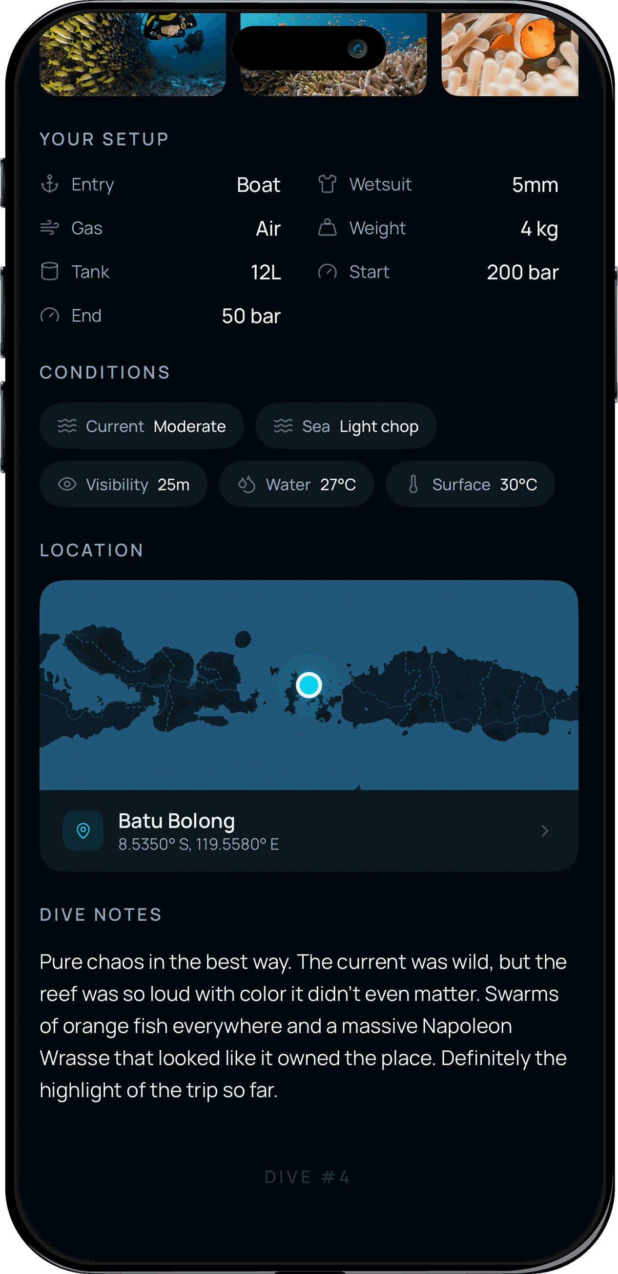 Bloo app – dive setup, conditions, and notes