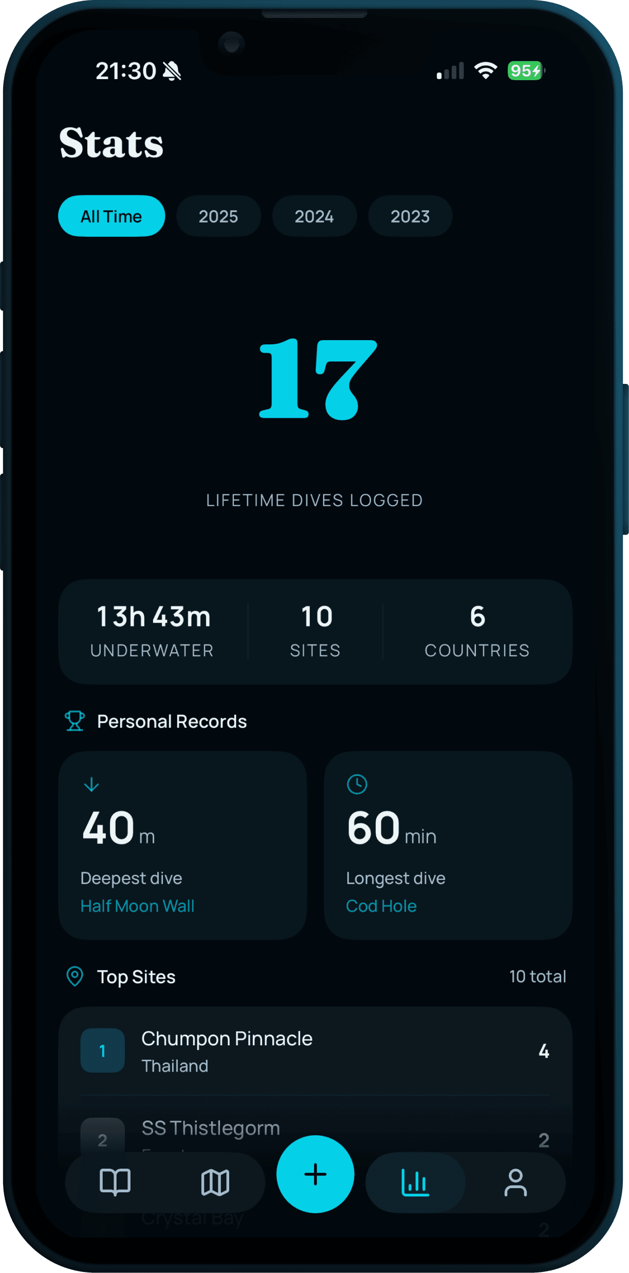 Bloo stats screen — 17 lifetime dives, 13h 43m underwater, personal records and top sites